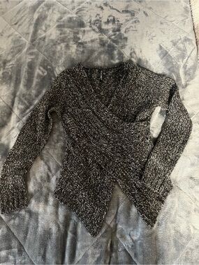Marled Black and White V-Neck Wrap Sweater